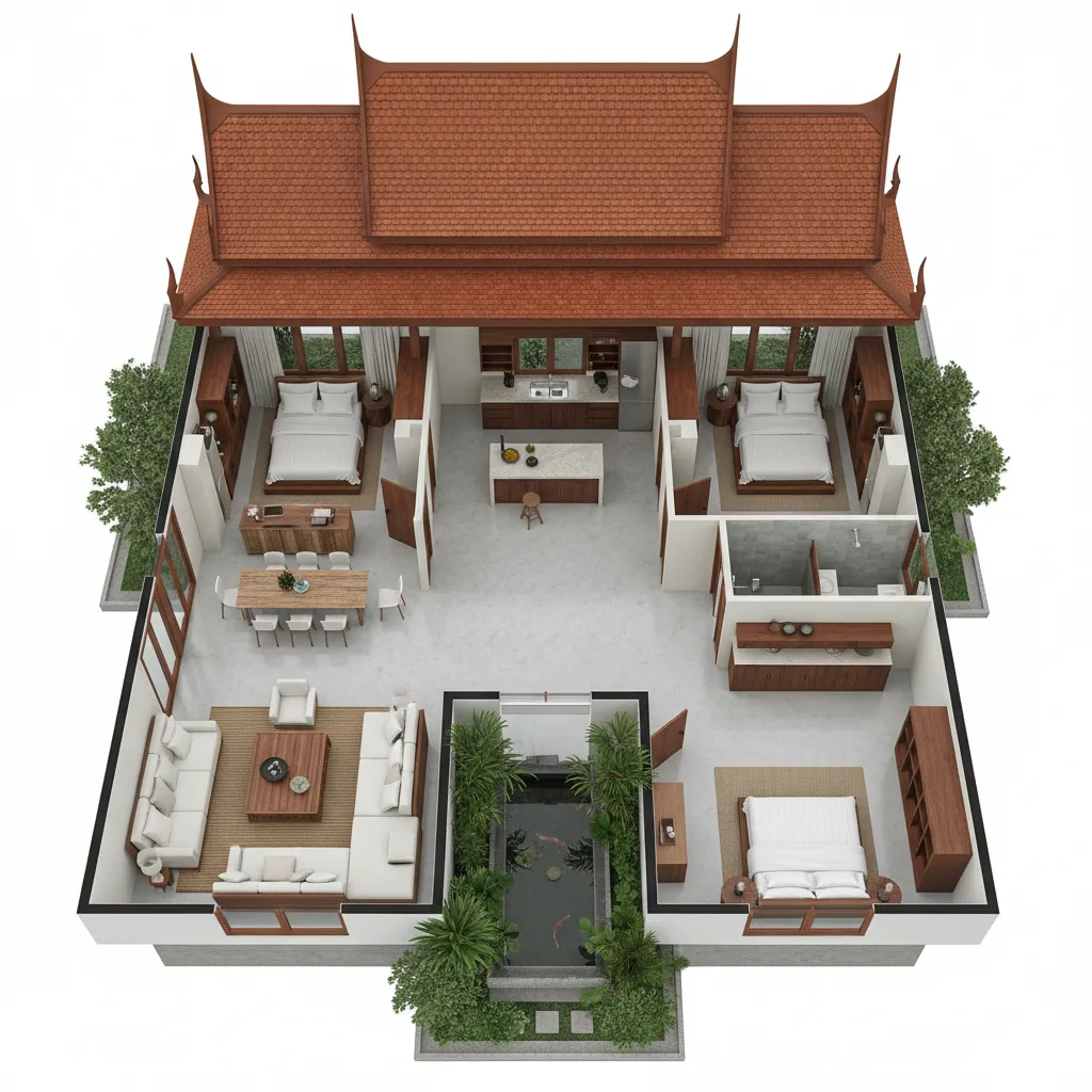 3D interior design drawing showing three bedrooms, kitchen, living area, and central garden with pond
