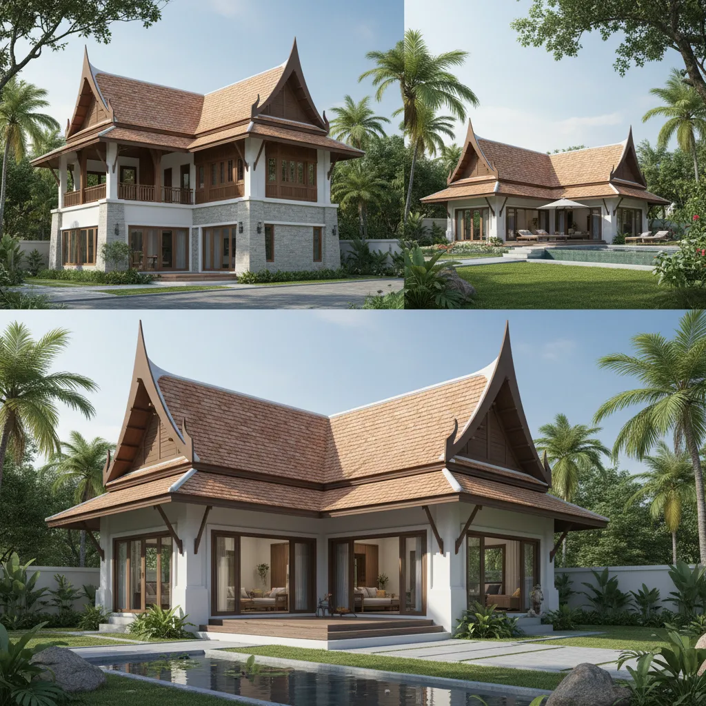 Three outdoor views of a house with traditional roofs, swimming pool, wooden decks, and plants