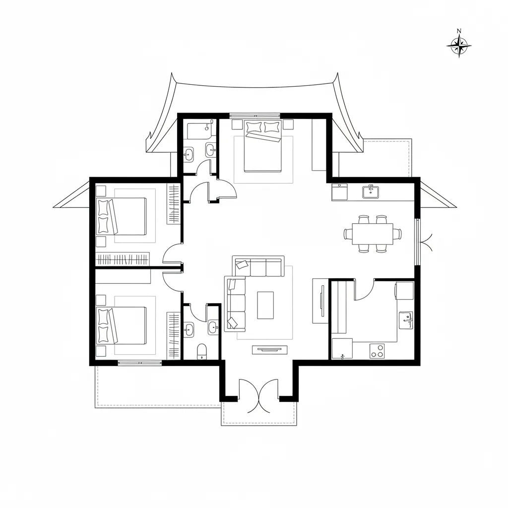 floor plan layout of one story Thai roof house