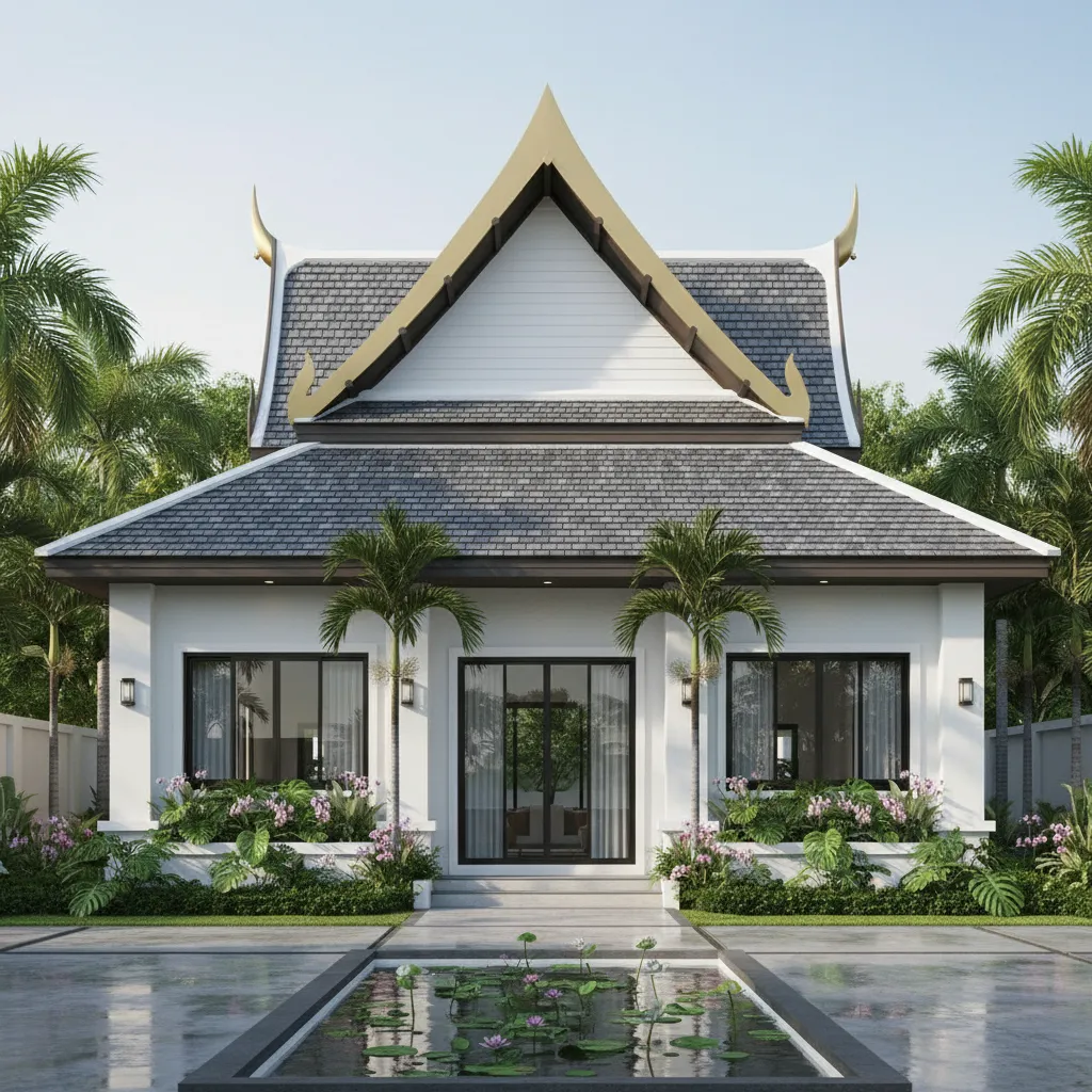 Modern white house with traditional Thai style roof featuring grey tiles palm trees and pond