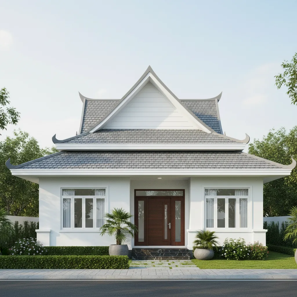 Front view of one story Thai roof house with garden