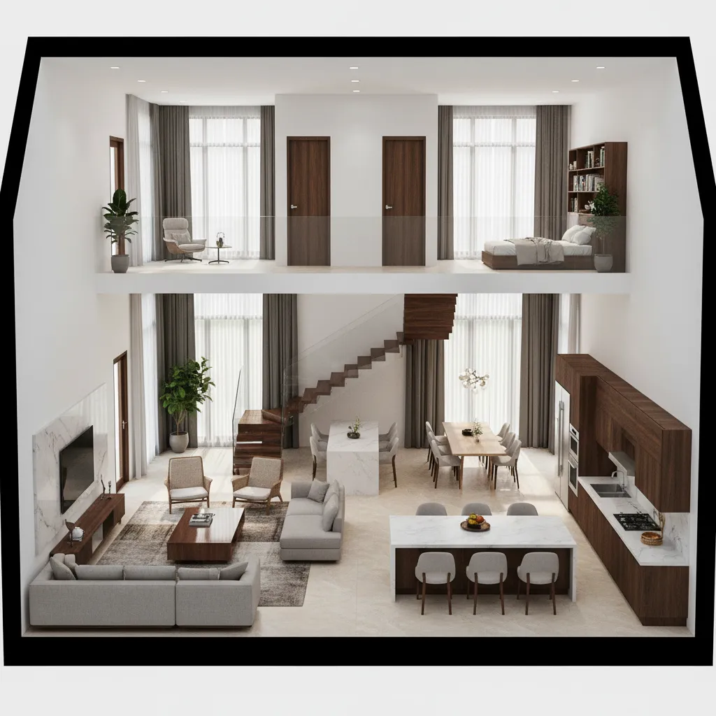 Mô phỏng bố trí không gian nội thất nhà mái Thái 2 tầng