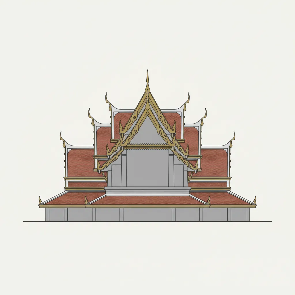 Interior design drawing of a traditional Thai house roof with multiple tiers and red tiles
