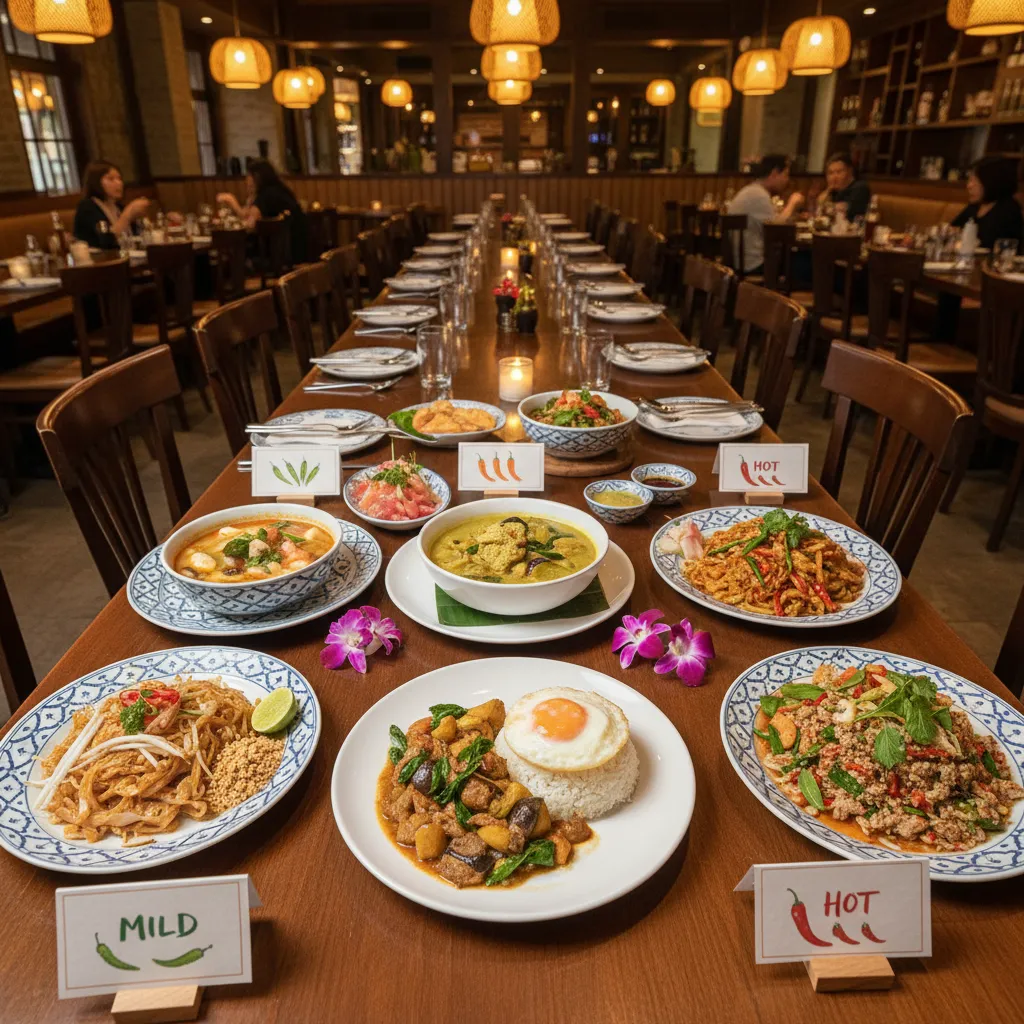 Different Thai spice levels represented by chili peppers next to Thai dishes