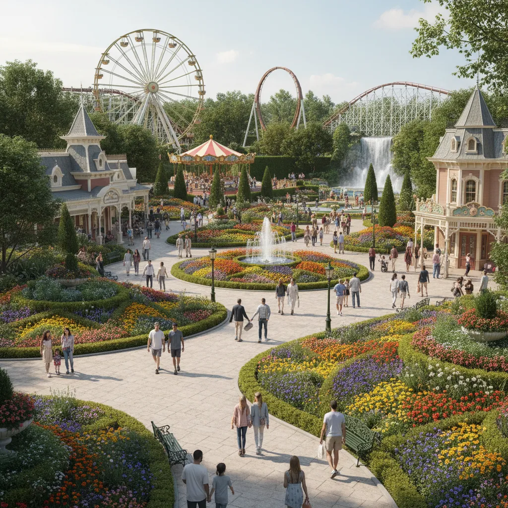 Theme park flower garden with wide walking paths and visitors moving through landscaped areas