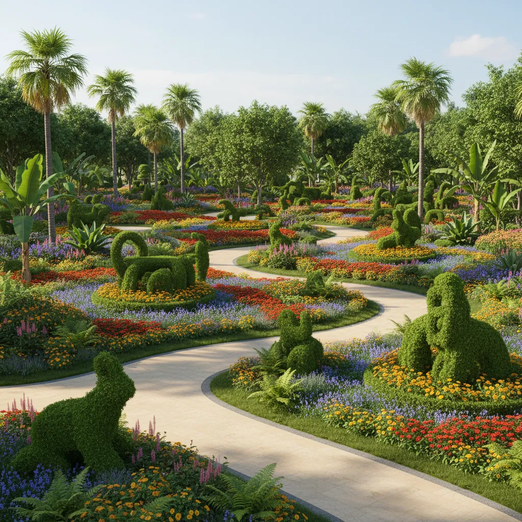 ornamental gardens and pathways inside a large theme park landscape