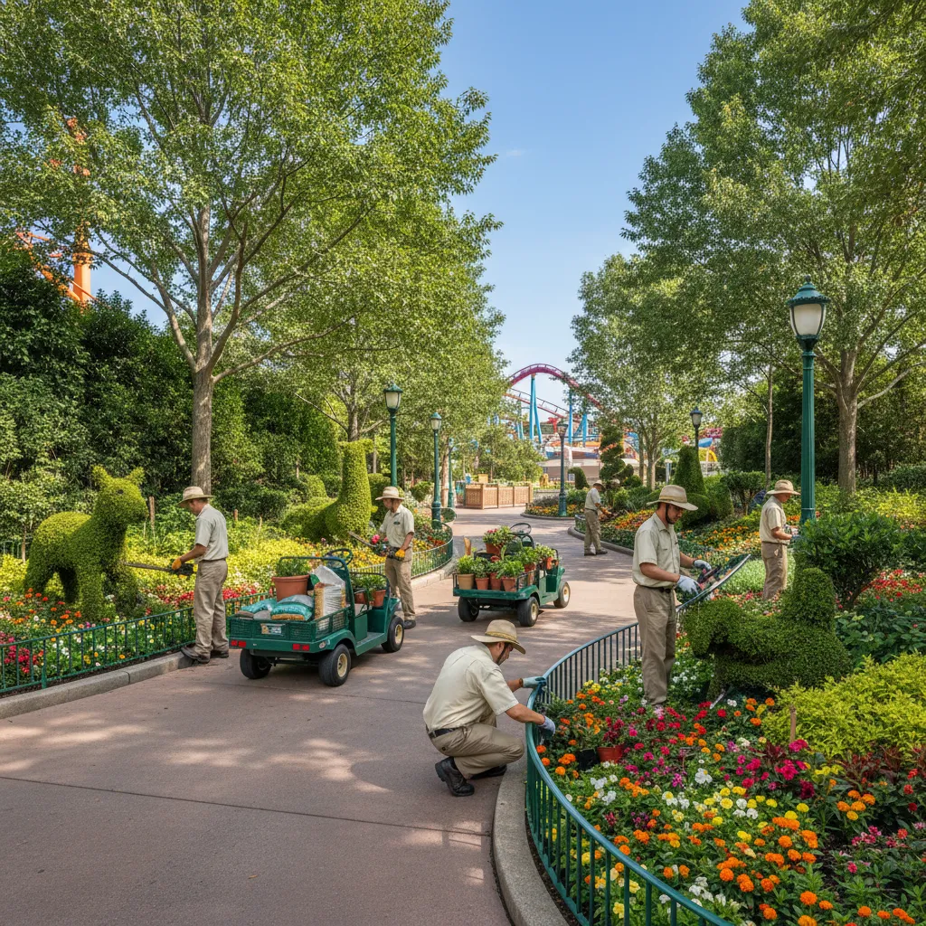 professional gardeners maintaining plants in a large theme park environment