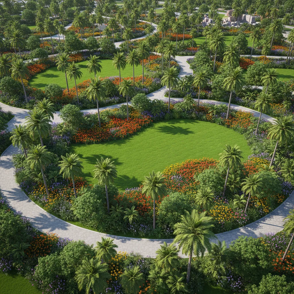 Wide overview of theme park landscaping with trees gardens and pedestrian paths