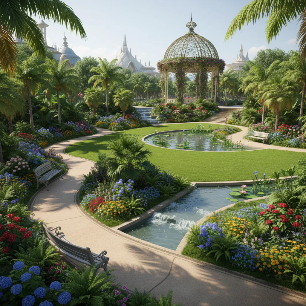 wide view of lush landscaped theme park gardens with pathways and layered planting
