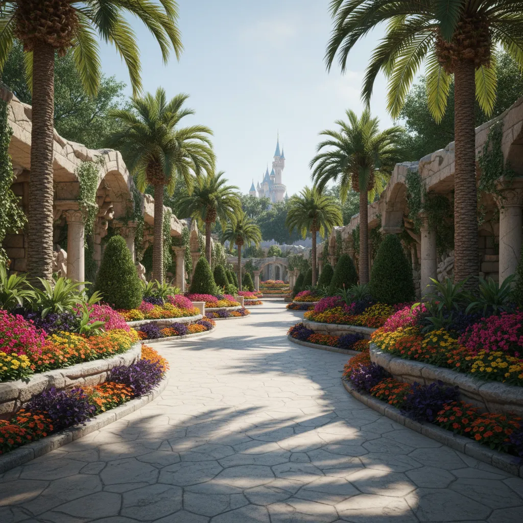 Themed theme park pathway with layered plants trees and colorful flowers