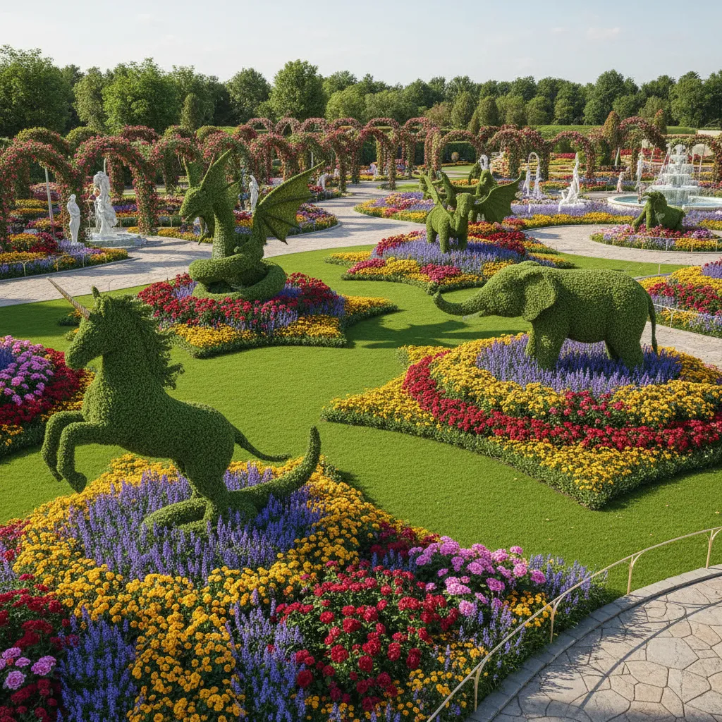 Decorative topiary sculptures and flowers in a theme park garden display