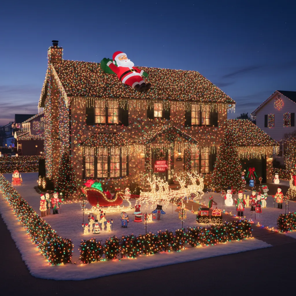 Outdoor Christmas display recreating a famous movie holiday scene