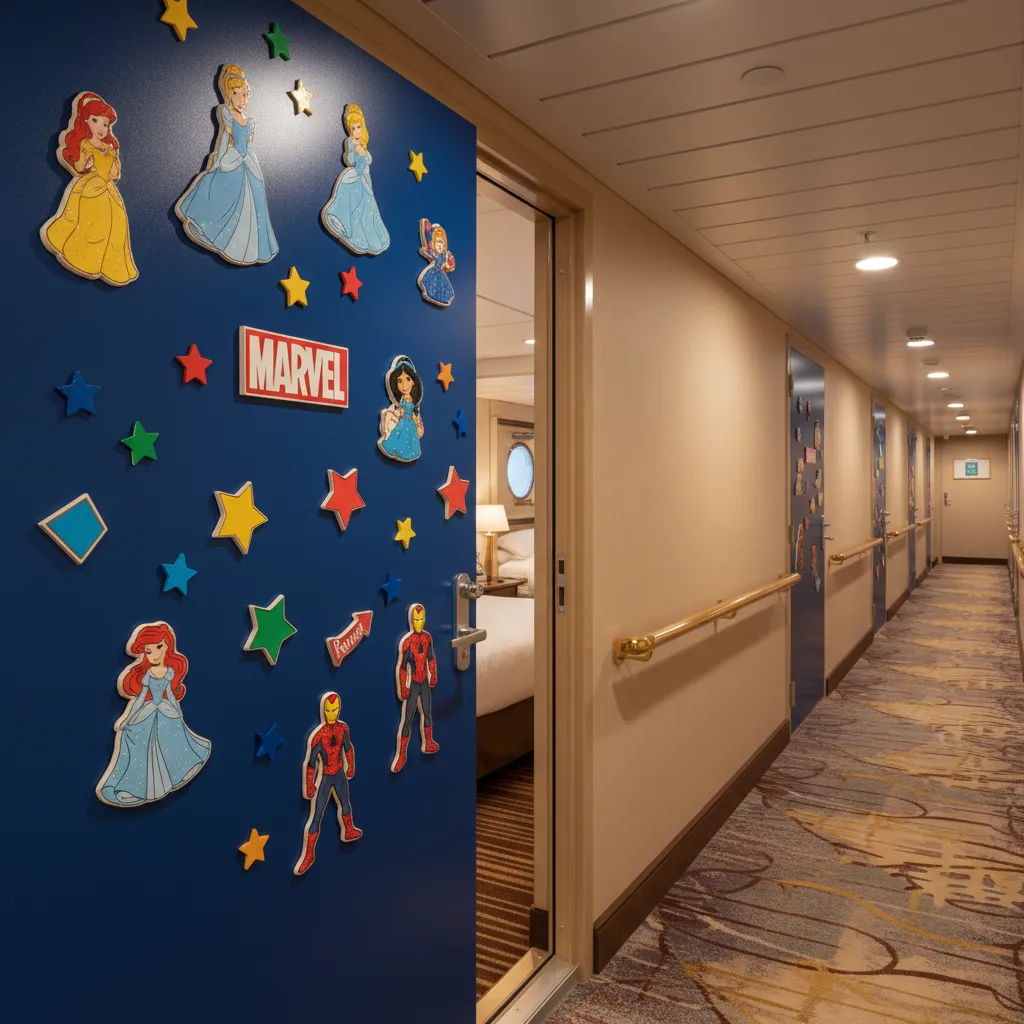 Disney cruise stateroom door decorated with themed character magnets