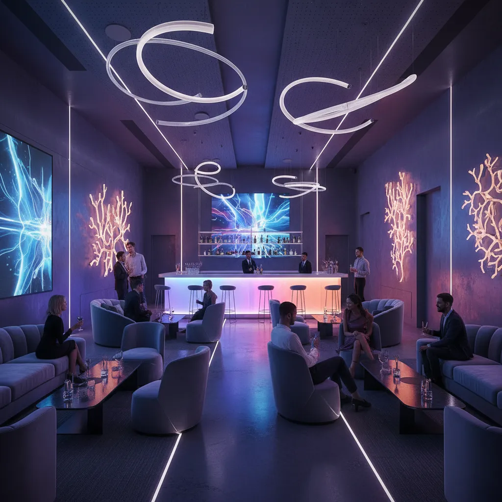 Vibrant themed nightlife space with groups socializing and colorful lighting