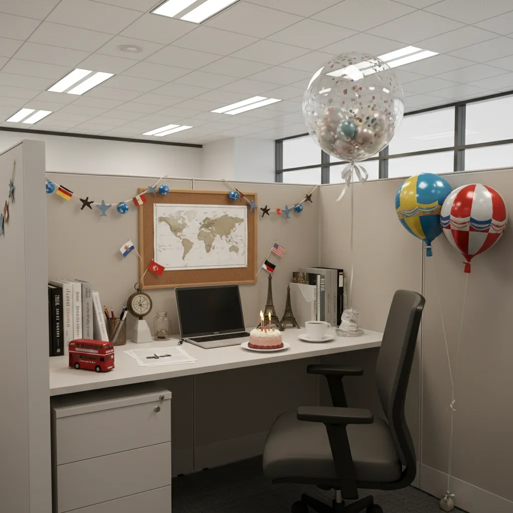 travel themed office cubicle birthday decoration with maps and small props