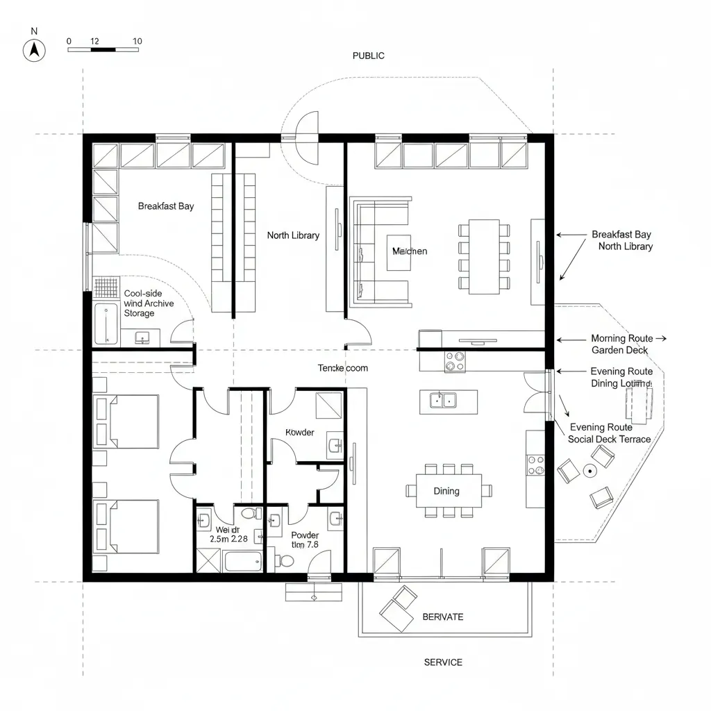 Top-down CAD plan organized on a north–south thermal spine and deck