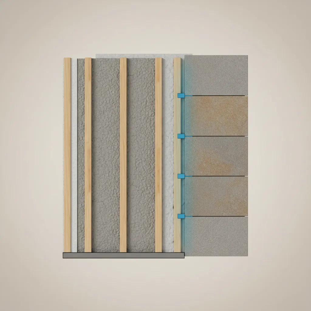 wall diagram showing thermal bridge through studs and insulated panel solution