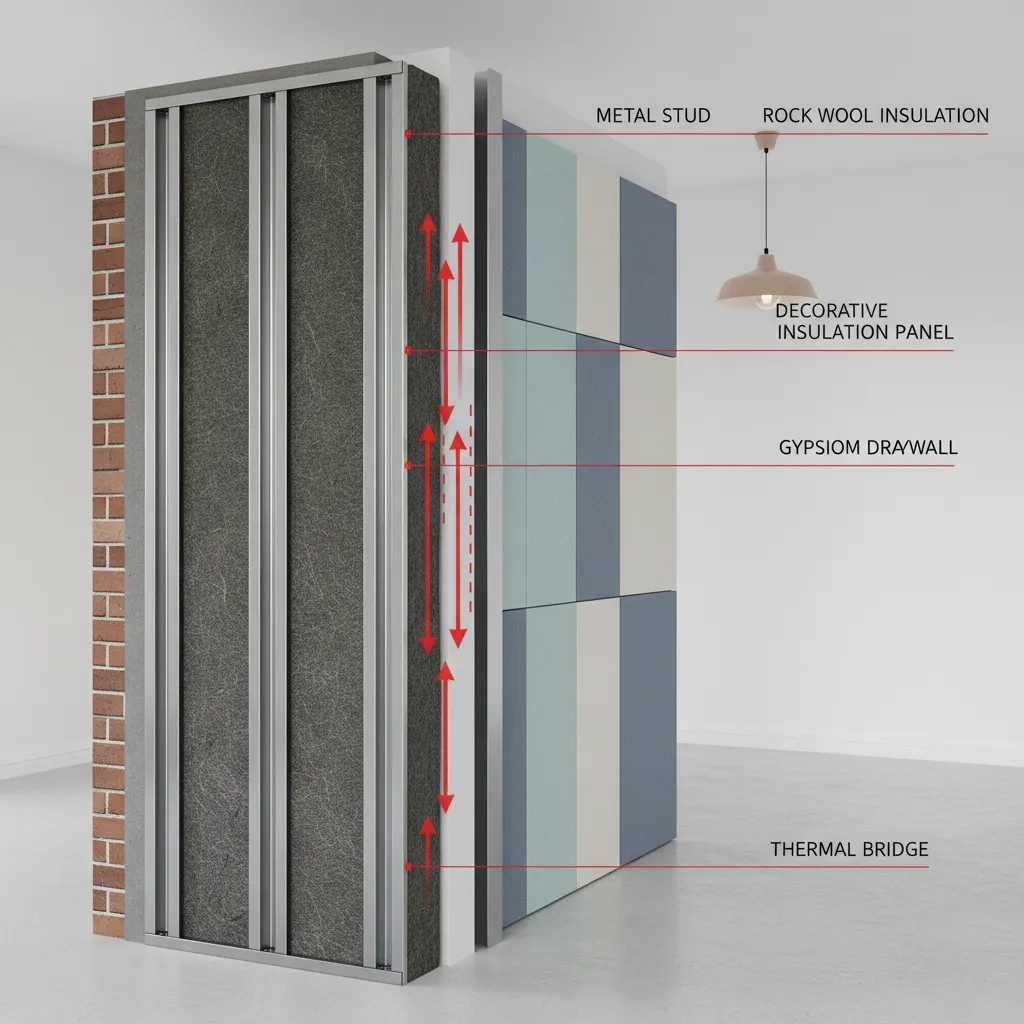 Diagram of thermal bridging through wall studs behind insulated panels