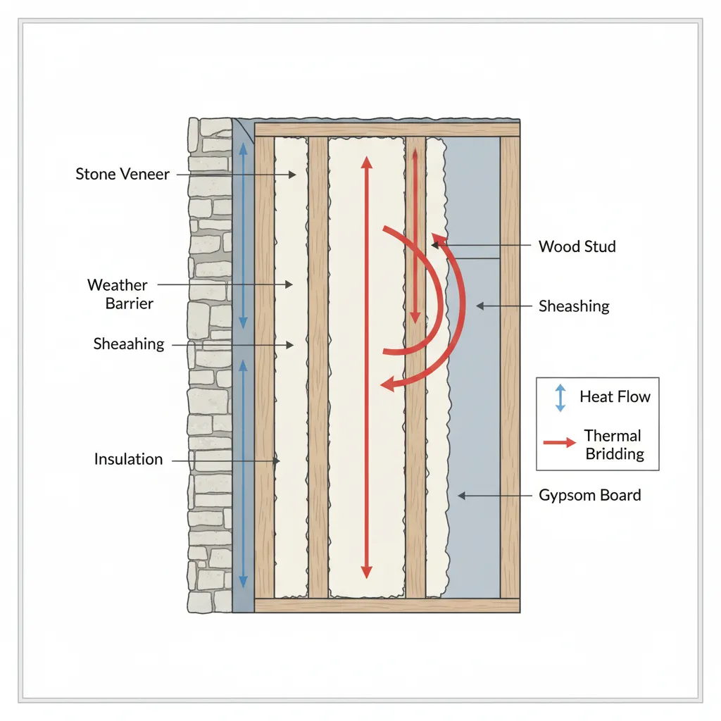 diagram showing thermal bridging through wall studs and insulation gaps