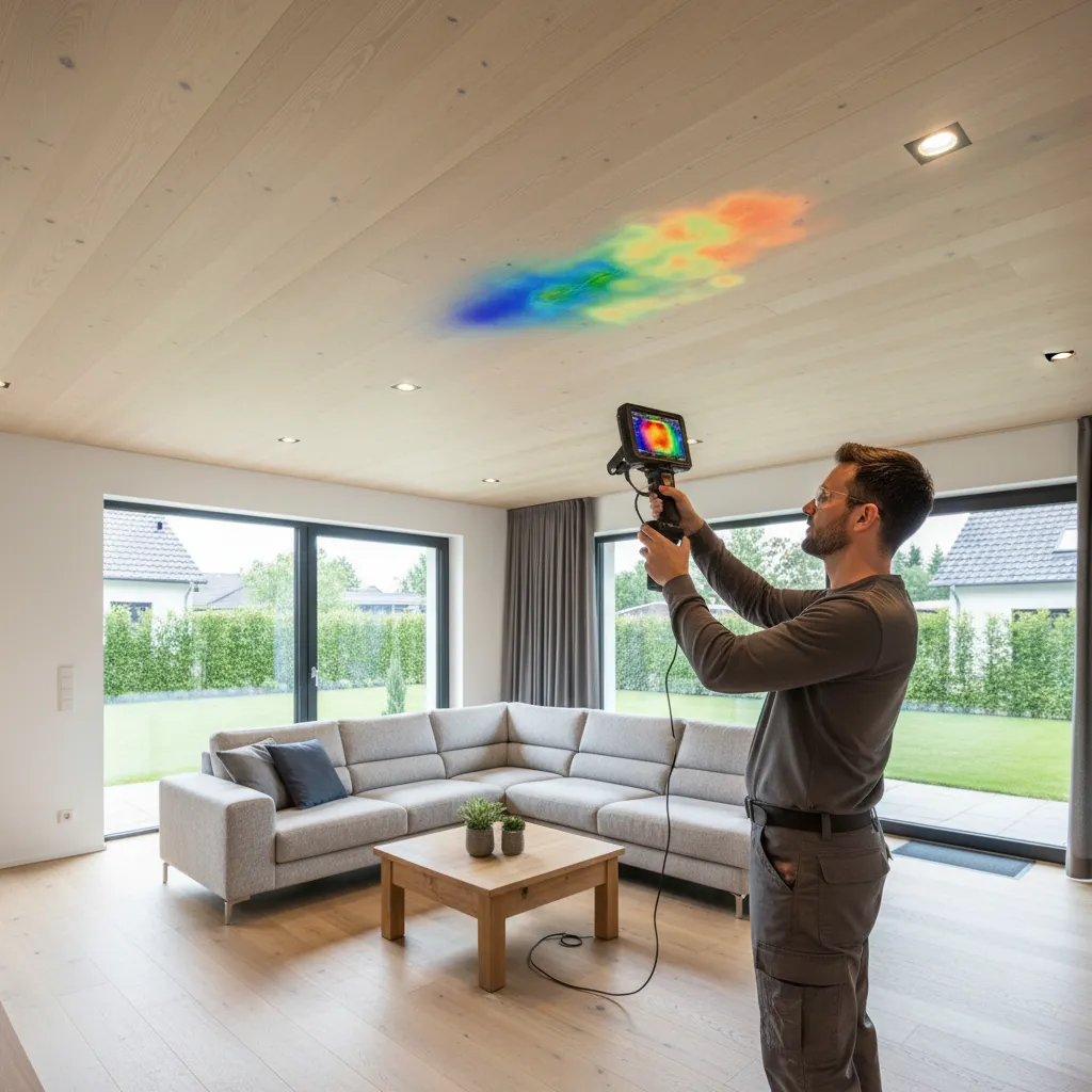 Thermal imaging camera showing heat loss through a roof structure