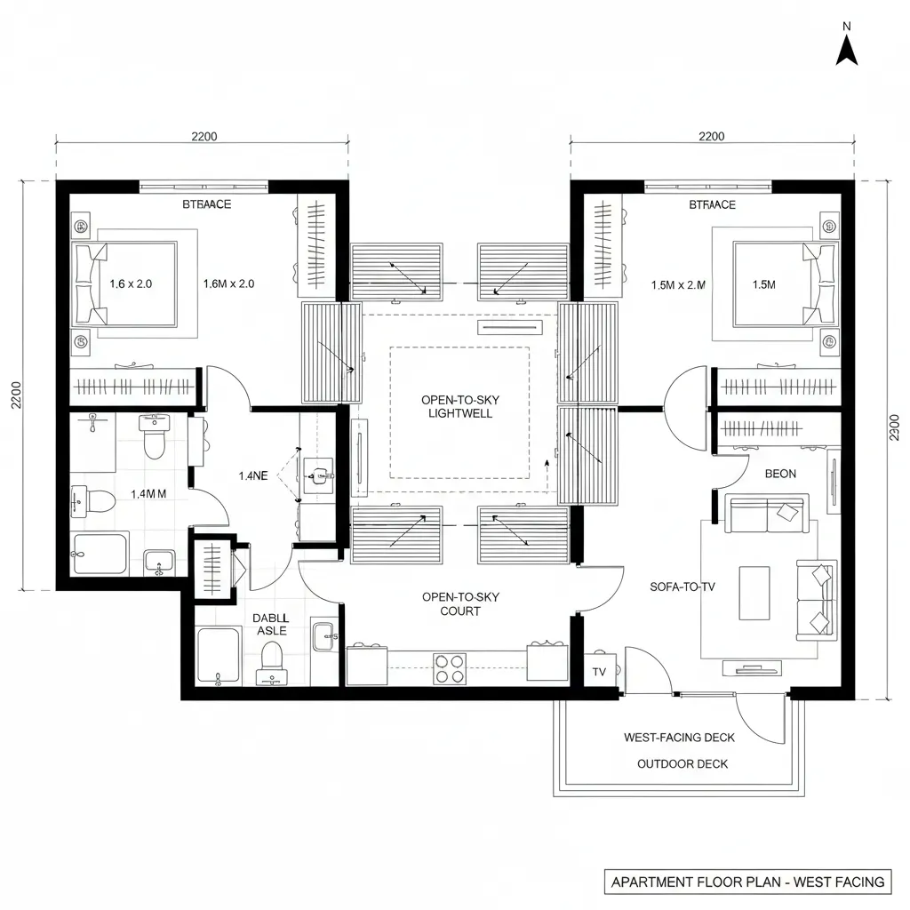 Top-down CAD plan with a central thermal courtyard enabling cross-ventilation from kitchen to living and west deck