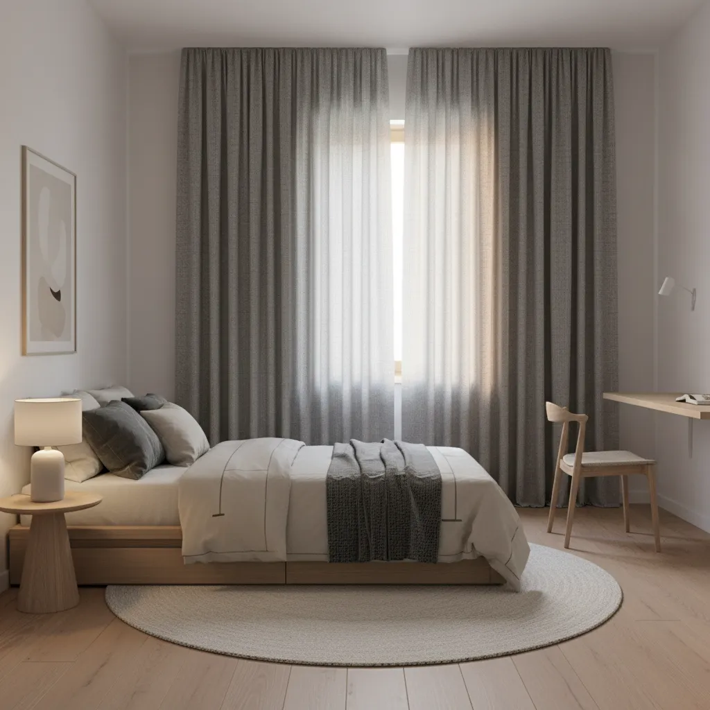 Thermal curtains blocking strong sunlight in small bedroom