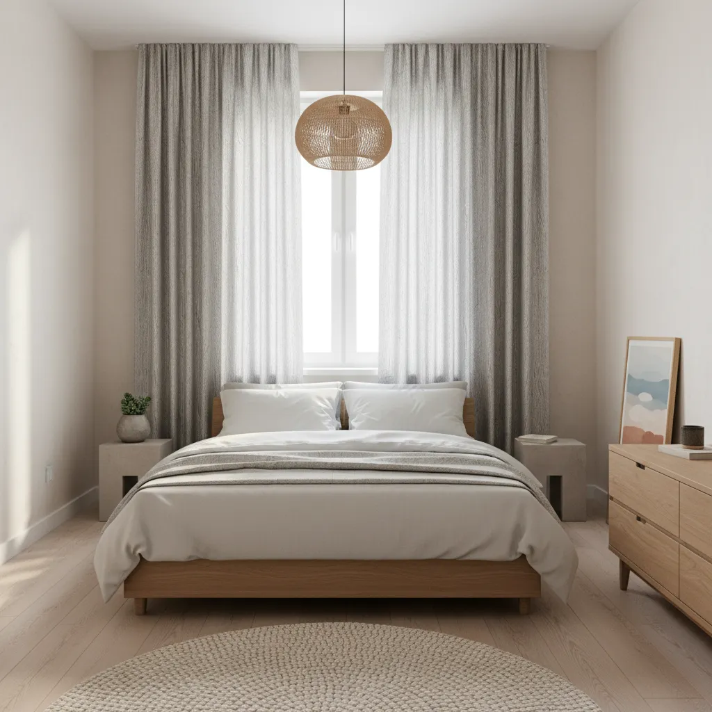 small bedroom window with reflective thermal curtains reducing sunlight heat