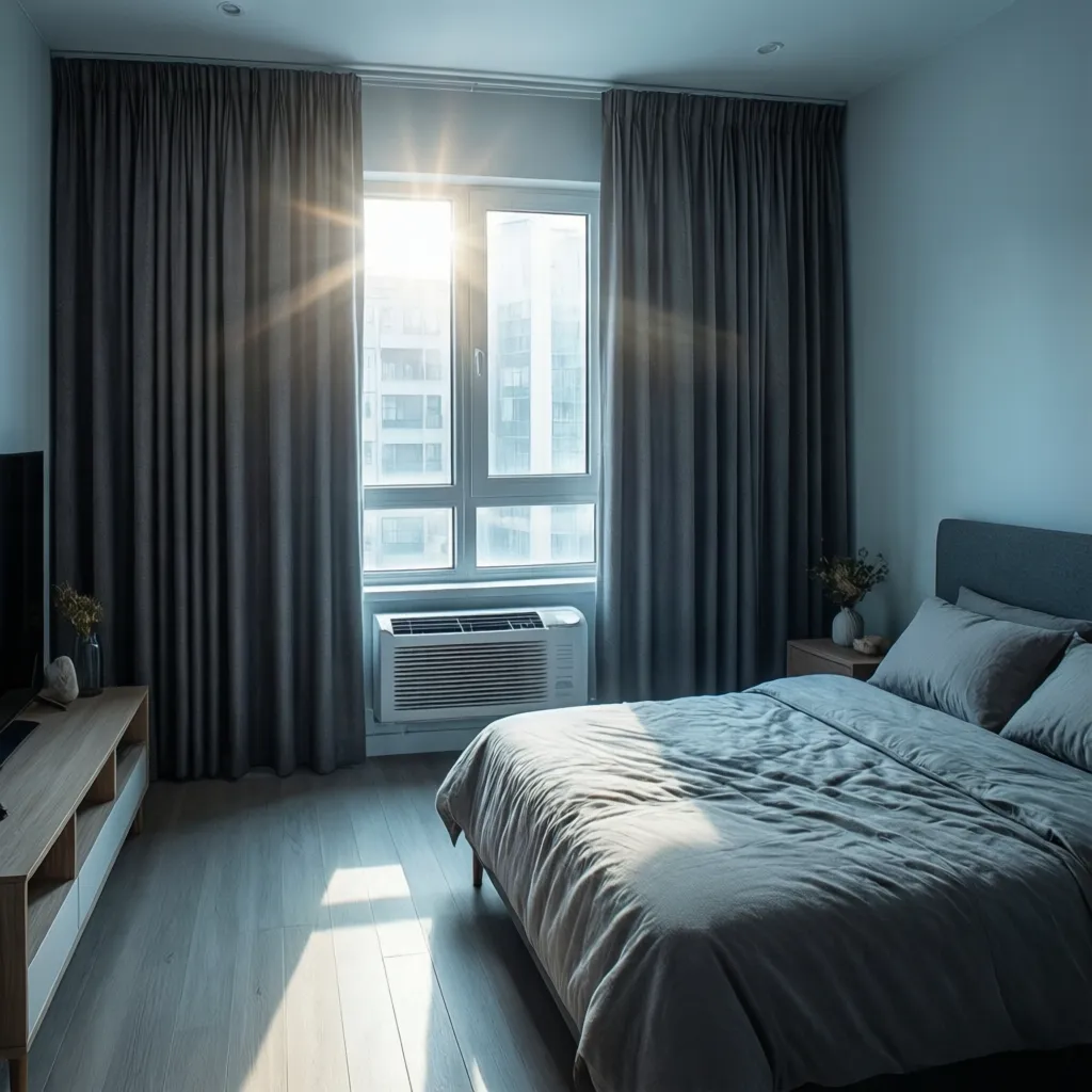 Thermal blackout curtains blocking sunlight to reduce heat gain in apartment