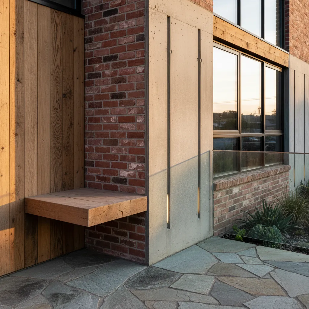 Modern house exterior showing red brick wall wood panel concrete pillar stone floor and bench