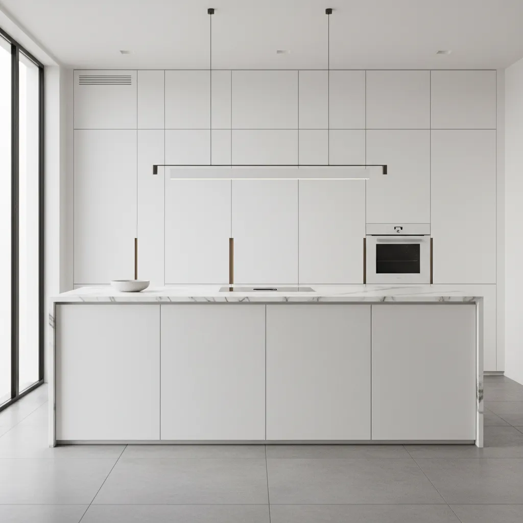 sleek white thermofoil kitchen cabinets with seamless finish