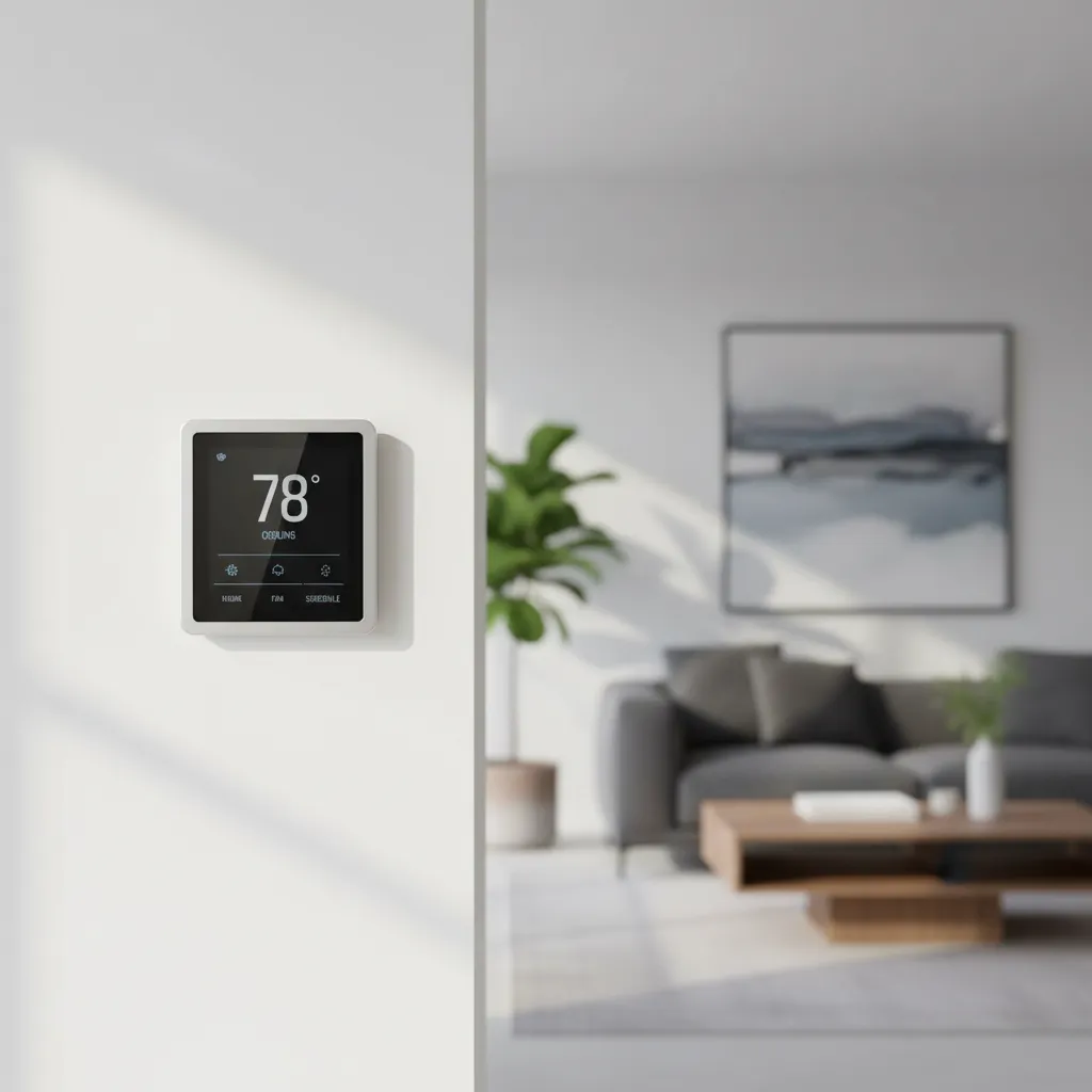 smart thermostat set to energy efficient temperature in a modern living room