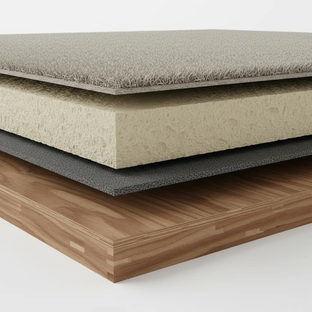 Cross section diagram style render of carpet with dense acoustic padding