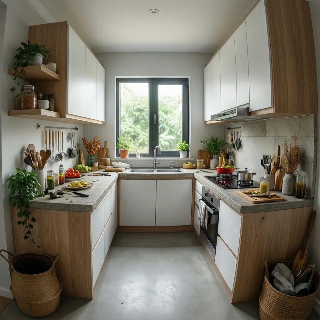 U-shaped kitchen featuring wooden lower cabinets white upper cabinets a large window and green plants