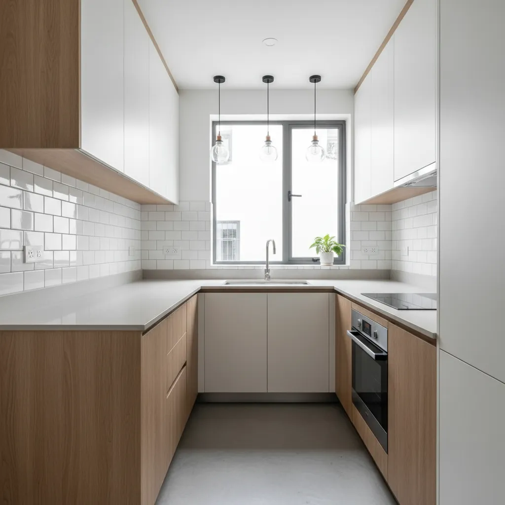 Modern kitchen with wood lower cabinets white upper cabinets a window and three ceiling lights