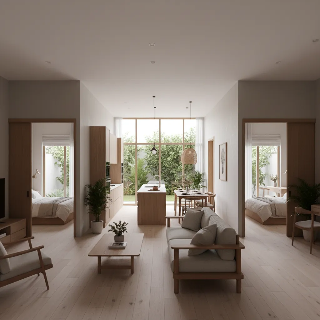 Modern open living room with grey sofa wooden table kitchen island and two small bedrooms