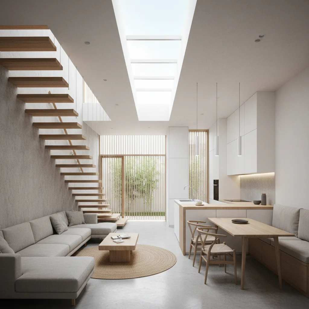 Modern open plan living room with grey sofa, wooden stairs, skylight, and white kitchen cabinets