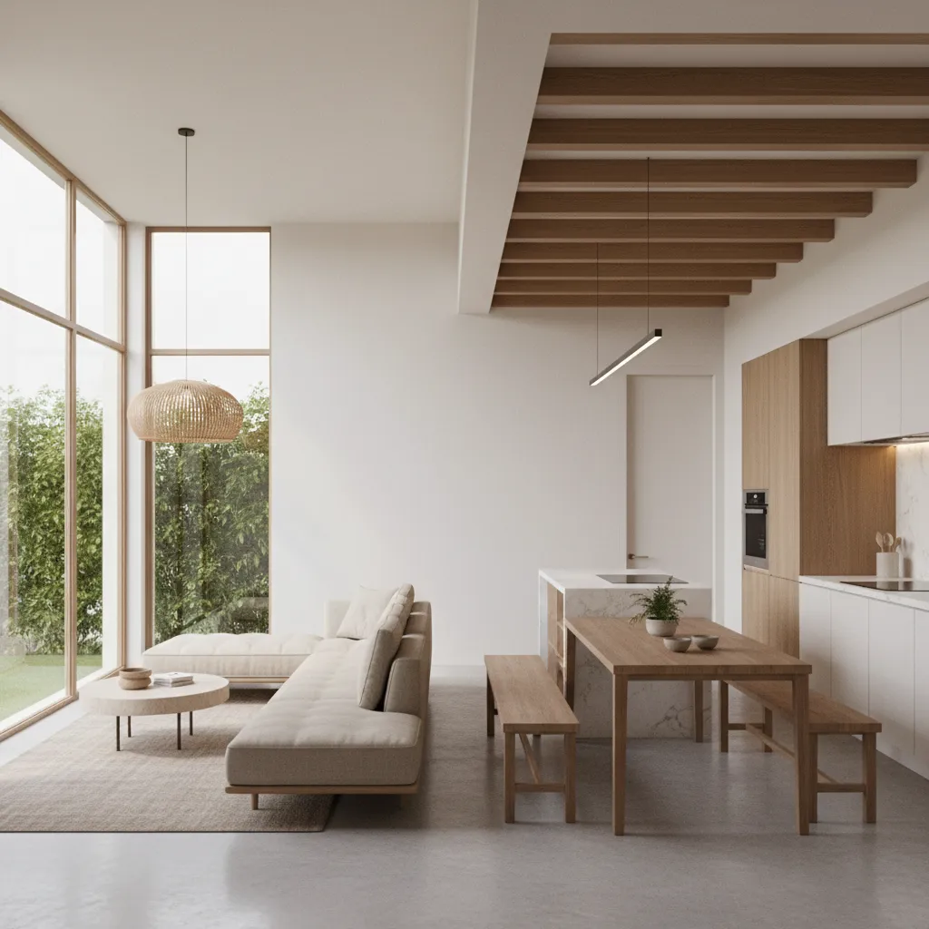 Minimalist open plan living room with wood dining table beige sofa and ceiling wood beams