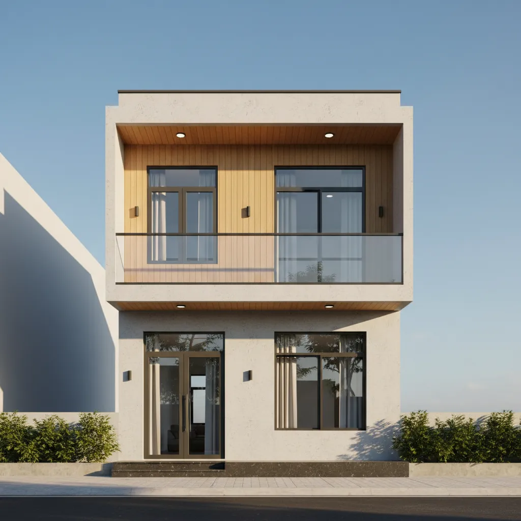 Modern two level house exterior with white walls, wood panels, glass balcony and blue sky