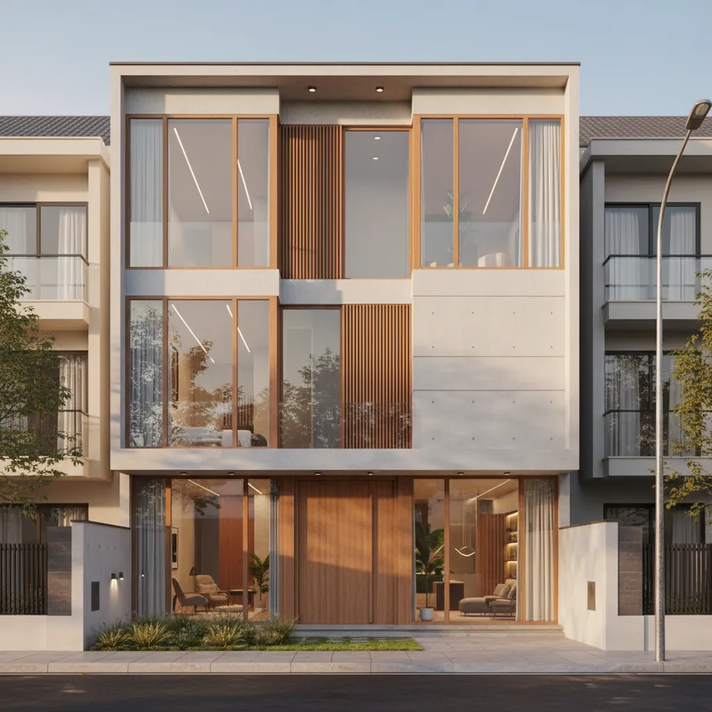 Modern three story house exterior design drawing with large windows and wooden wall panel accents