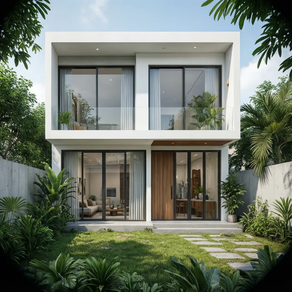 Two story modern white house with large glass windows green grass garden and various plants