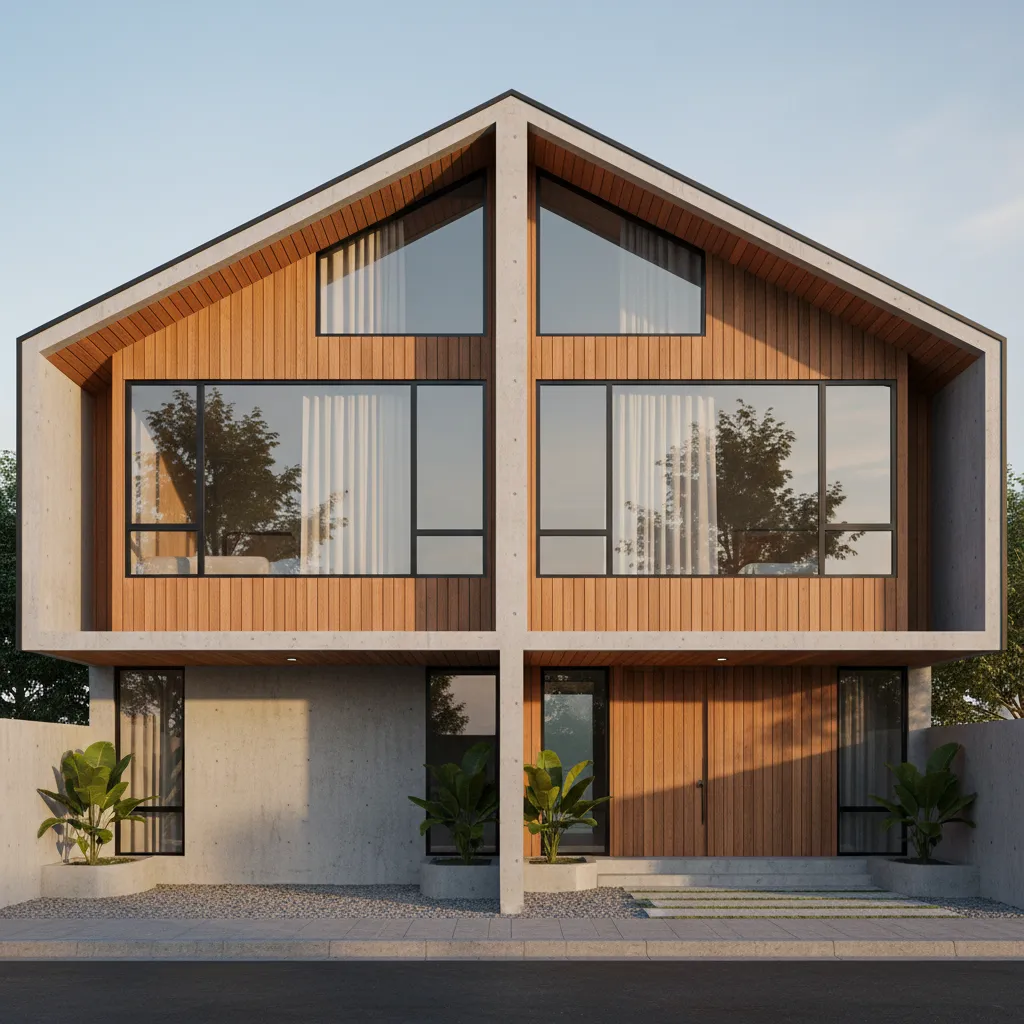 Modern two story house with wood wall panel large windows concrete pillars and green plants
