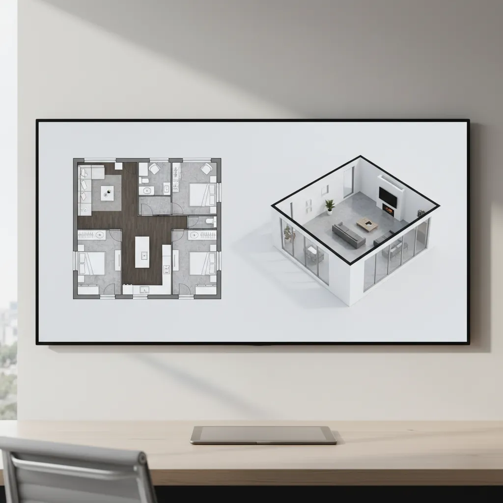 Digital screen showing a 2D house layout next to a 3D living room design drawing