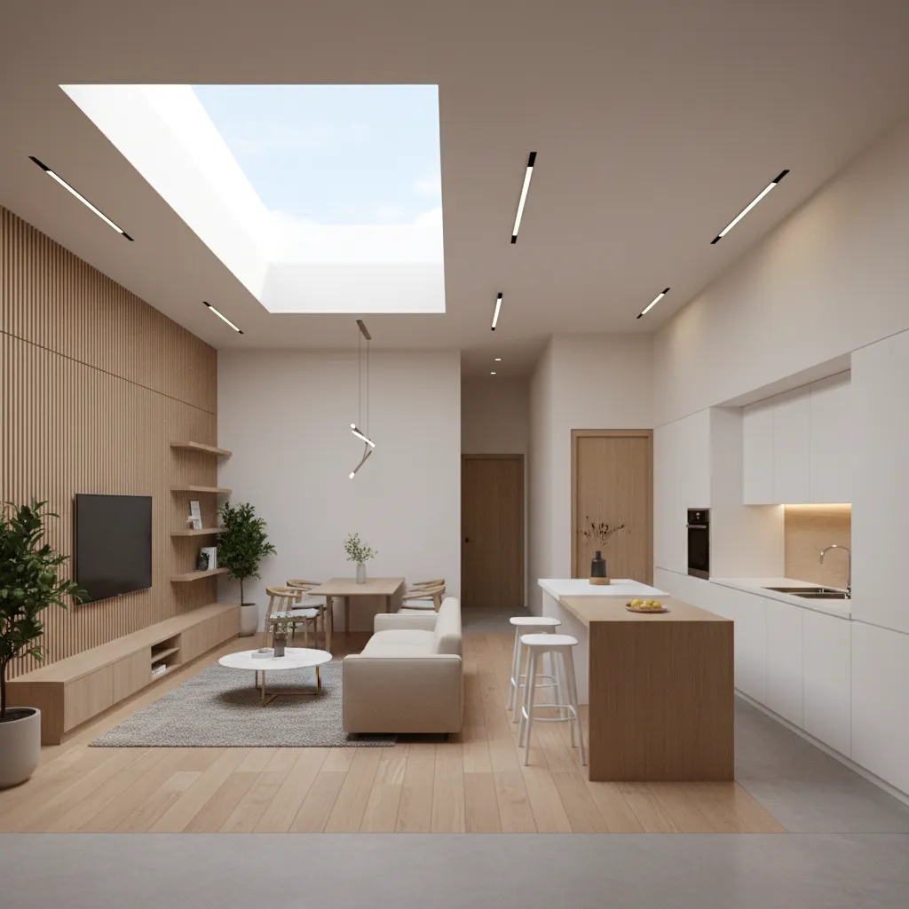 Modern living room with wood wall panel, sofa, kitchen island, and a large roof window.