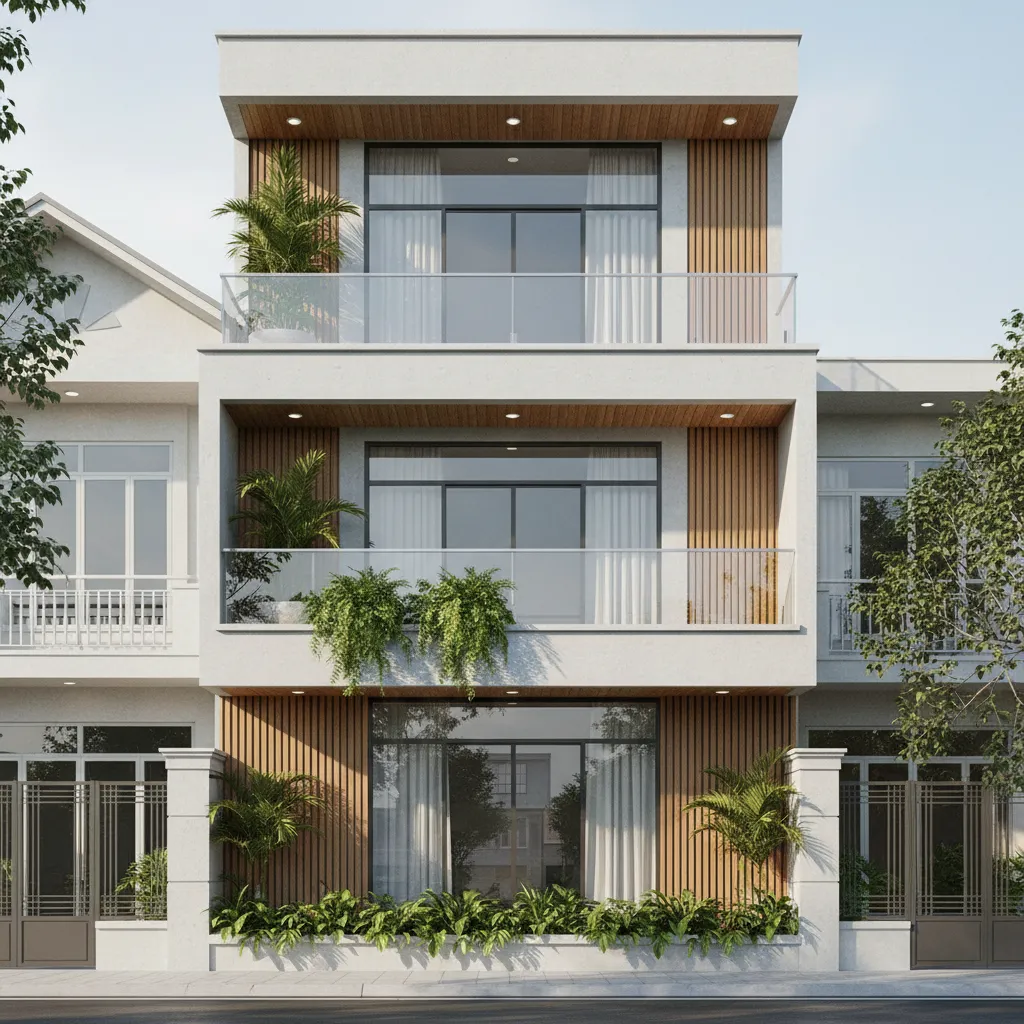 Modern three story house exterior with white walls wood panel glass balconies and green plants