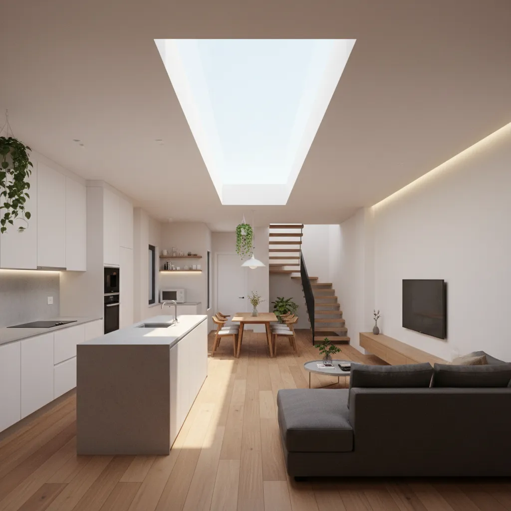 Open plan kitchen and living area with large skylight white cabinets island and wooden floors