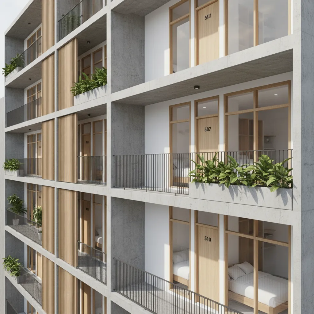 Modern apartment building exterior design with multiple balconies wooden doors glass windows and green plants