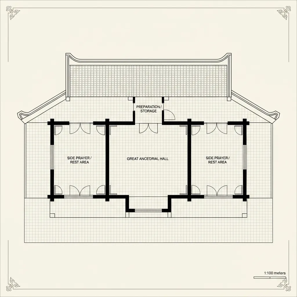 Interior design drawing showing a three room hall floor plan with central and side rooms
