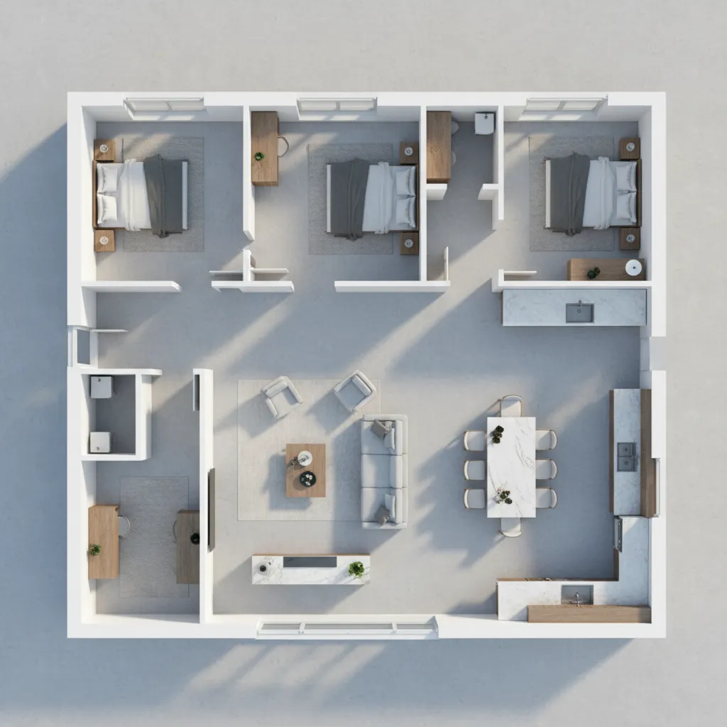 Top down interior design drawing showing three bedrooms plus a spacious living and dining area