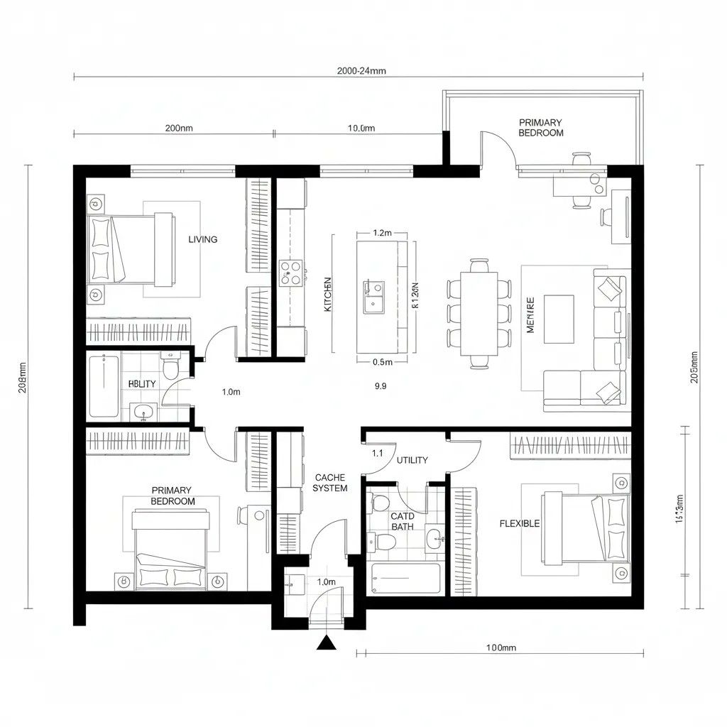 Three bedroom house floor plan layout with kitchen island, dining table, living area and bathrooms