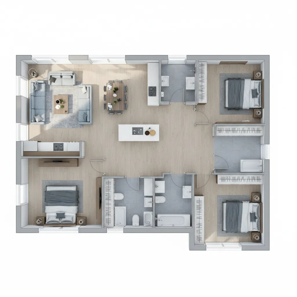 3 bedroom floor plan showing separation between living area and private bedroom zones